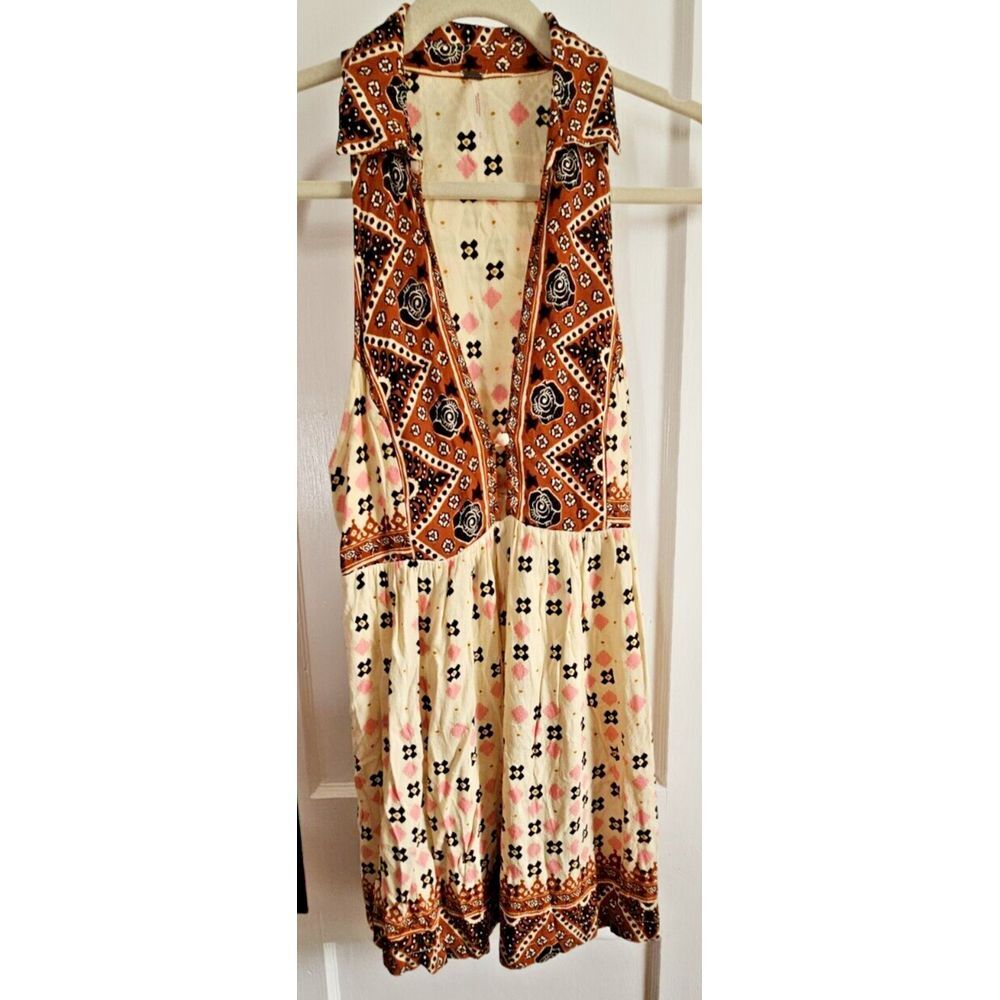 FREE‎ PEOPLE women Rust print deep V neck charlotte sleeveless tunic top Sz S